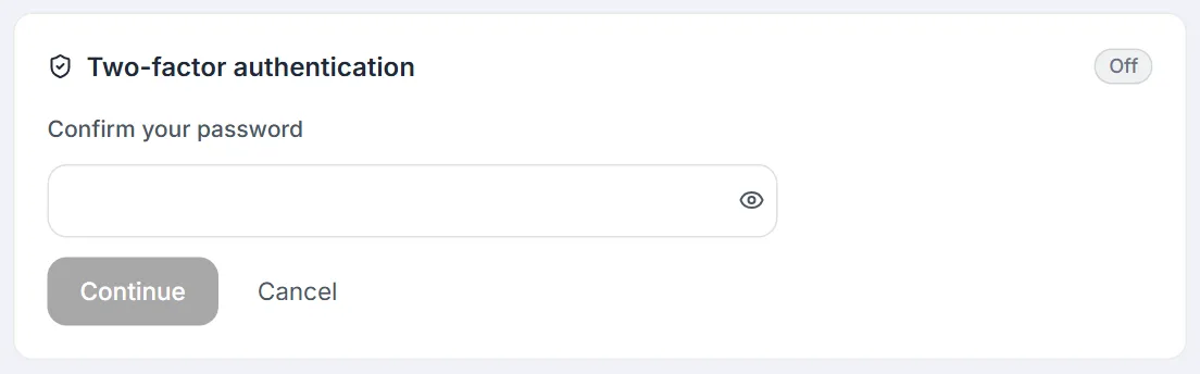 Step 1 after clicking Set up: the Confirm your password field with Continue and Cancel