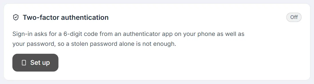 Two-factor authentication card in the Off state, with a short explanation and the Set up button