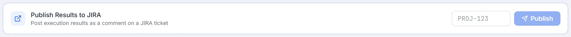 Publish Results to JIRA panel with the issue key box and Publish button