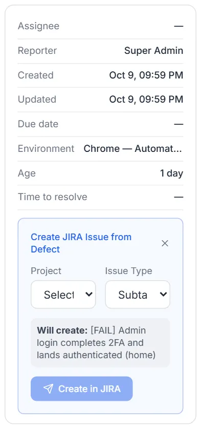 Create JIRA Issue from Defect form — project and issue type dropdowns, the Will create summary and Create in JIRA