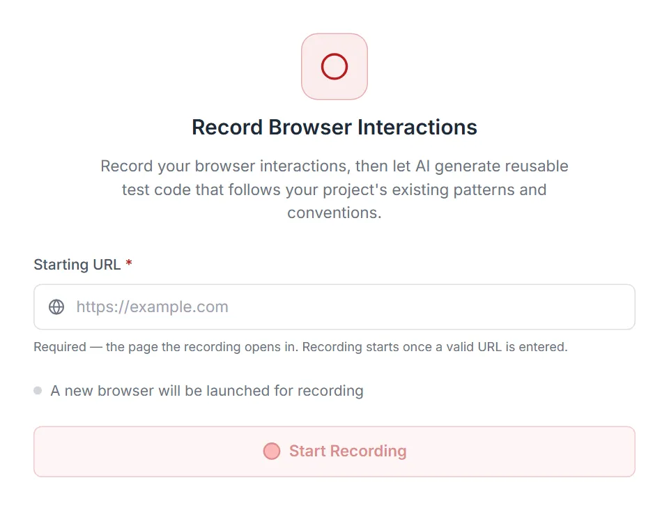 The Web recorder setup — Starting URL (required), the browser status line and the Start Recording button