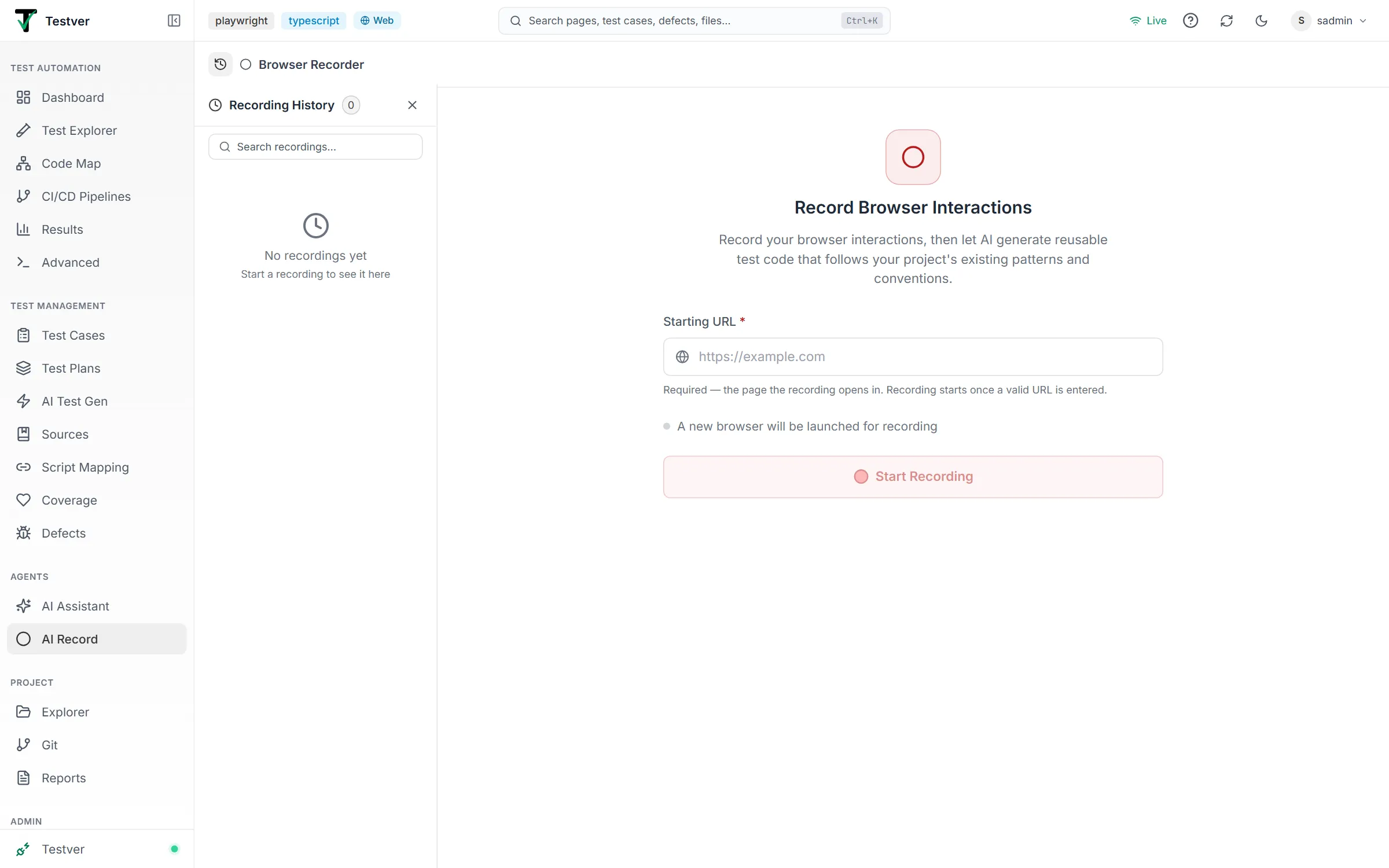 The Recording History sidebar open beside the Web recorder setup — search box and the No recordings yet empty state