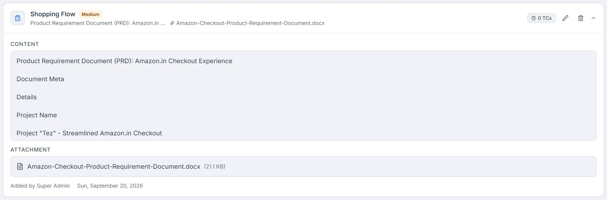 Expanded requirement — extracted content, the attached .docx with its size, and the Added by line