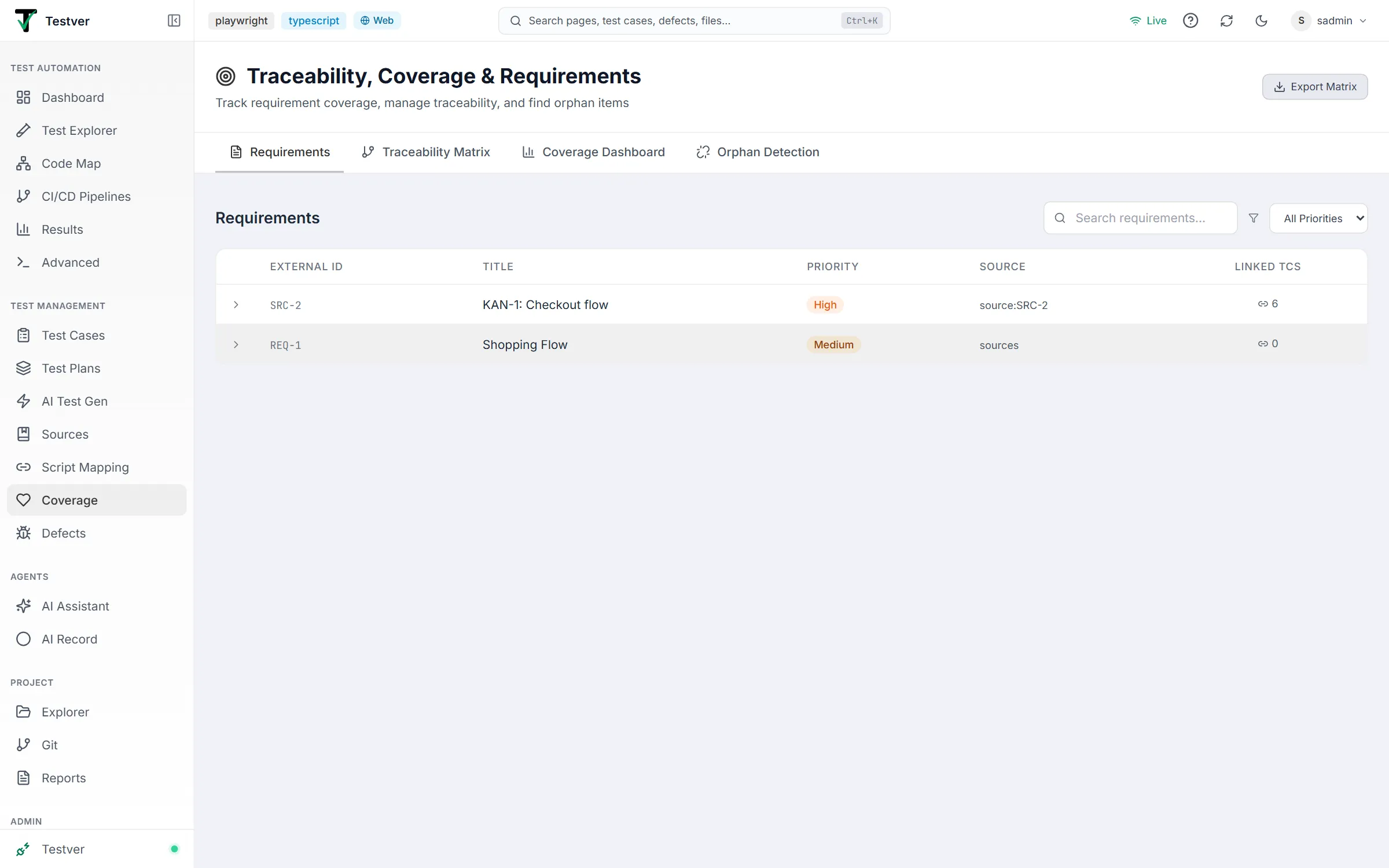 Traceability, Coverage and Requirements screen on the Requirements tab, with the Export Matrix button and the four tabs