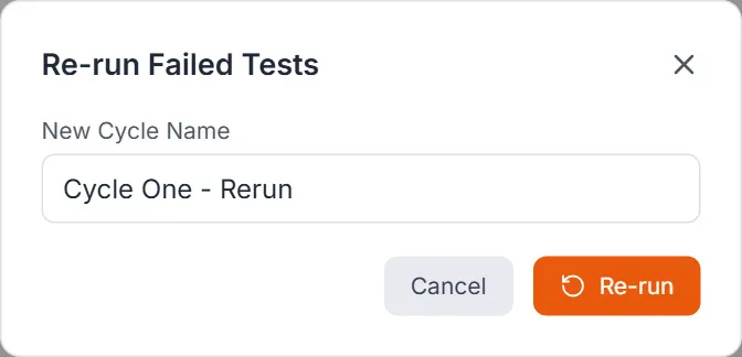 Re-run Failed Tests dialog with the pre-filled new cycle name