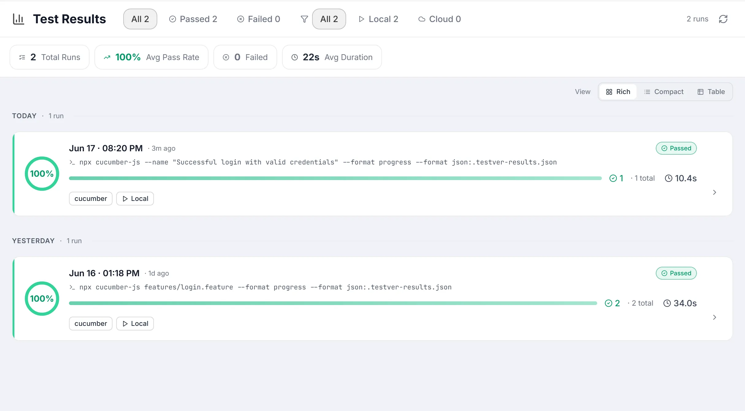 Test Results screen overview