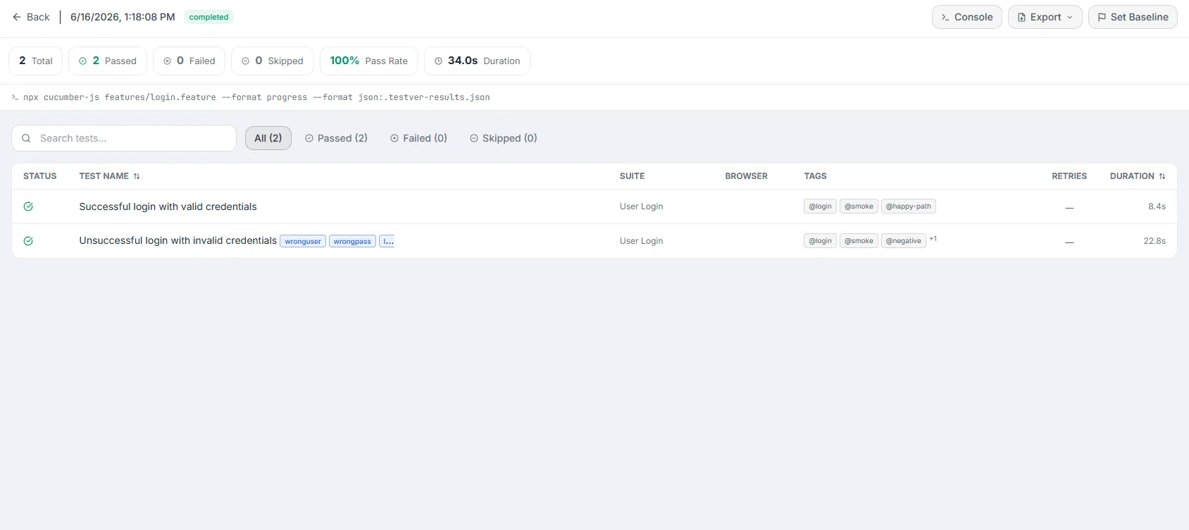 Test Results screen overview