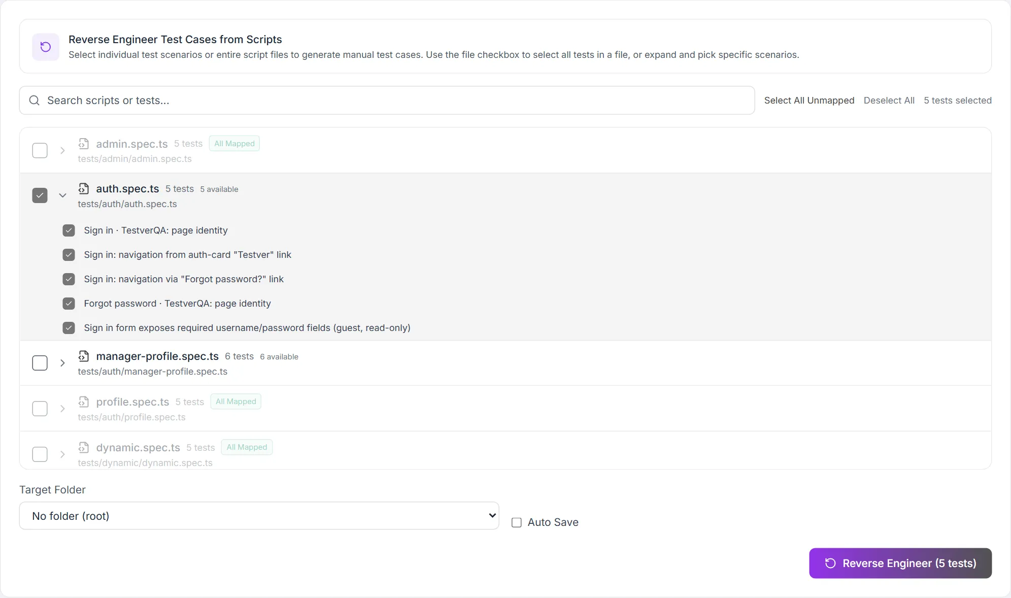 Reverse Engineer mode — script files with mapping badges, one file expanded and selected, 5 tests selected and the Reverse Engineer (5 tests) button