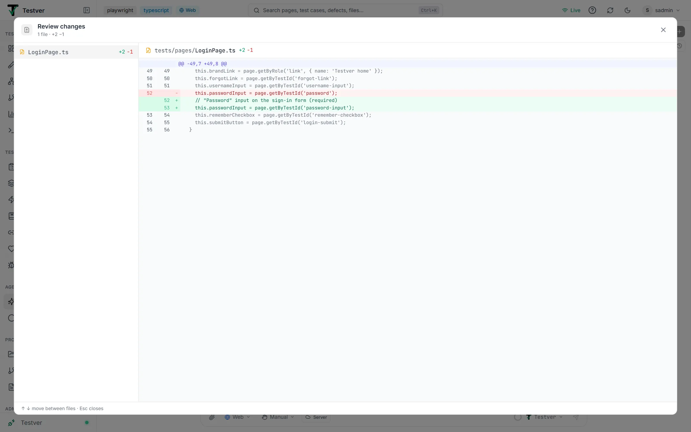 The Review changes dialog — changed files on the left and the selected file’s diff on the right