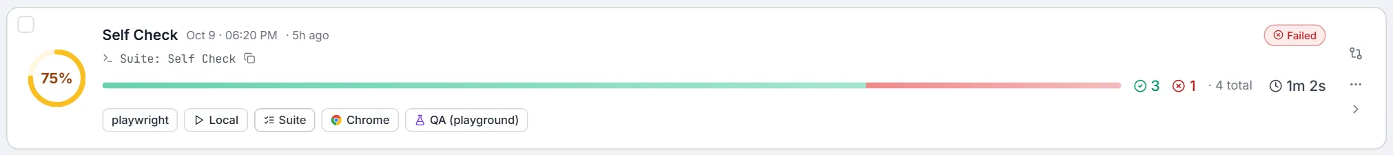 A run card on hover — pass-rate ring, name and time, command, pass/fail bar with counts and duration, framework/source/suite/browser/environment chips, and the select, compare and more-actions controls