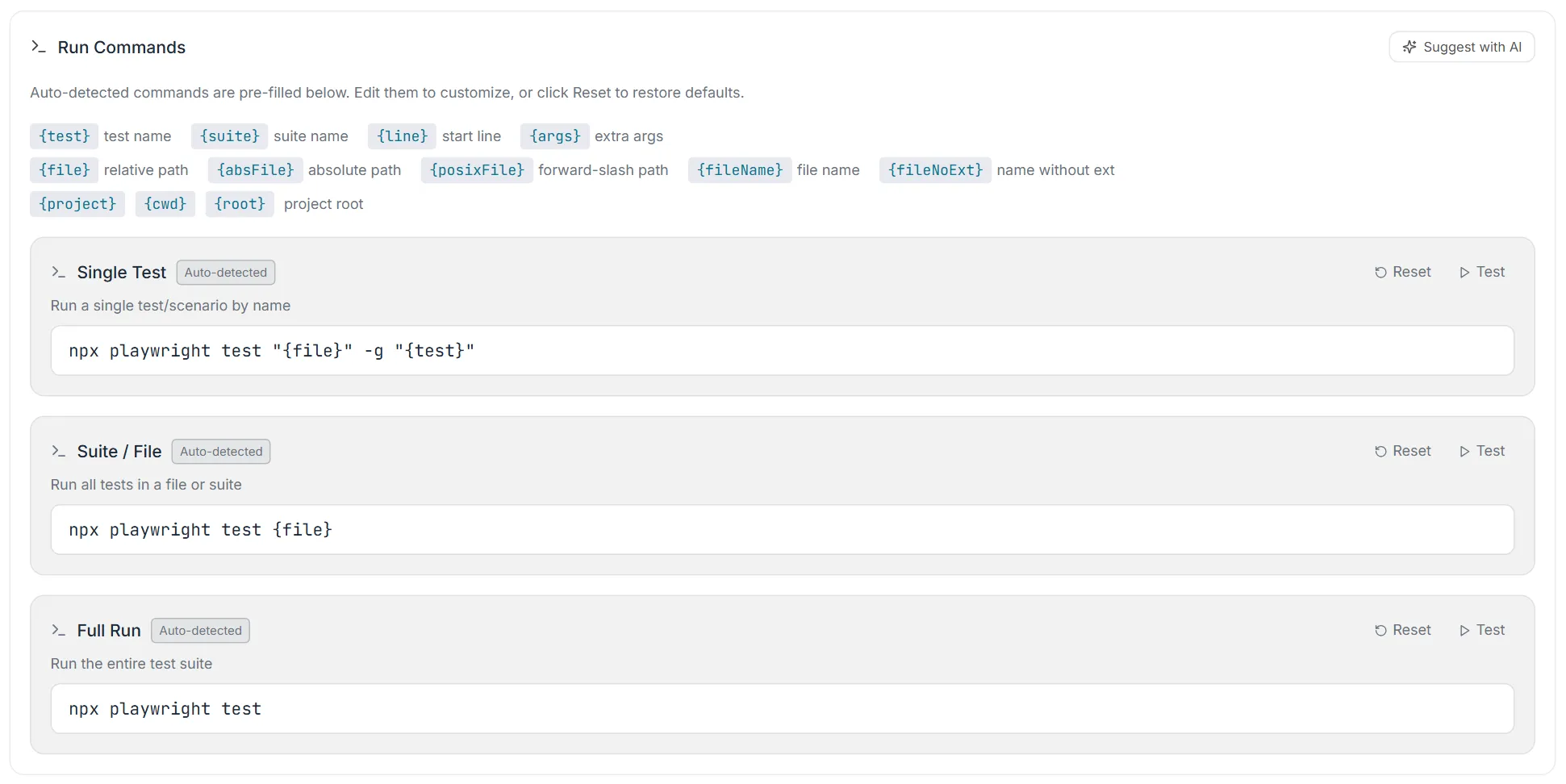 Run Commands box with the placeholder token chips, Suggest with AI, and the Single Test, Suite / File and Full Run fields each with Reset and Test