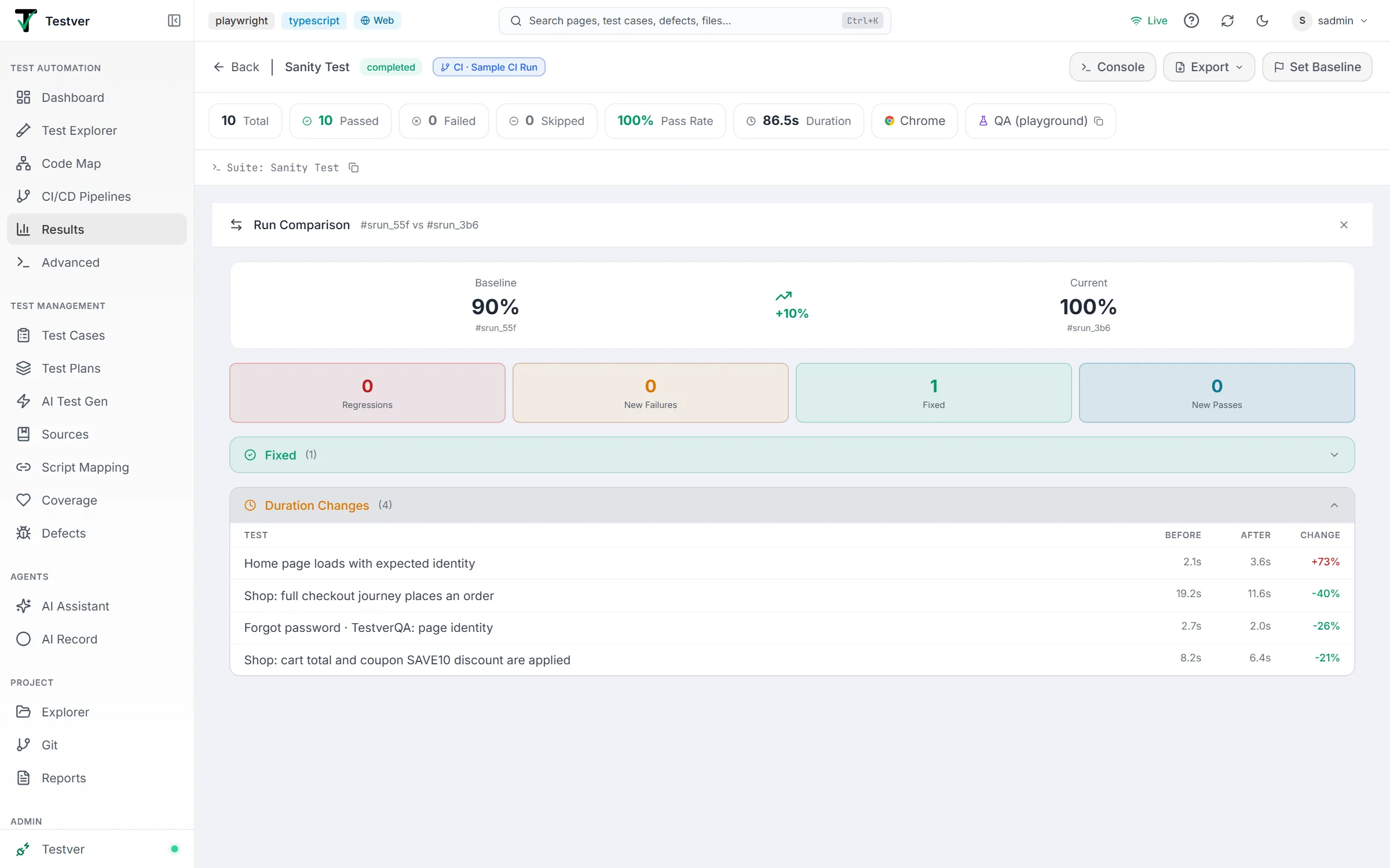 Run Comparison panel — baseline 90% vs current 100% with a +10% trend, Regressions/New Failures/Fixed/New Passes cards, and an expanded Duration Changes table with before, after and percent change