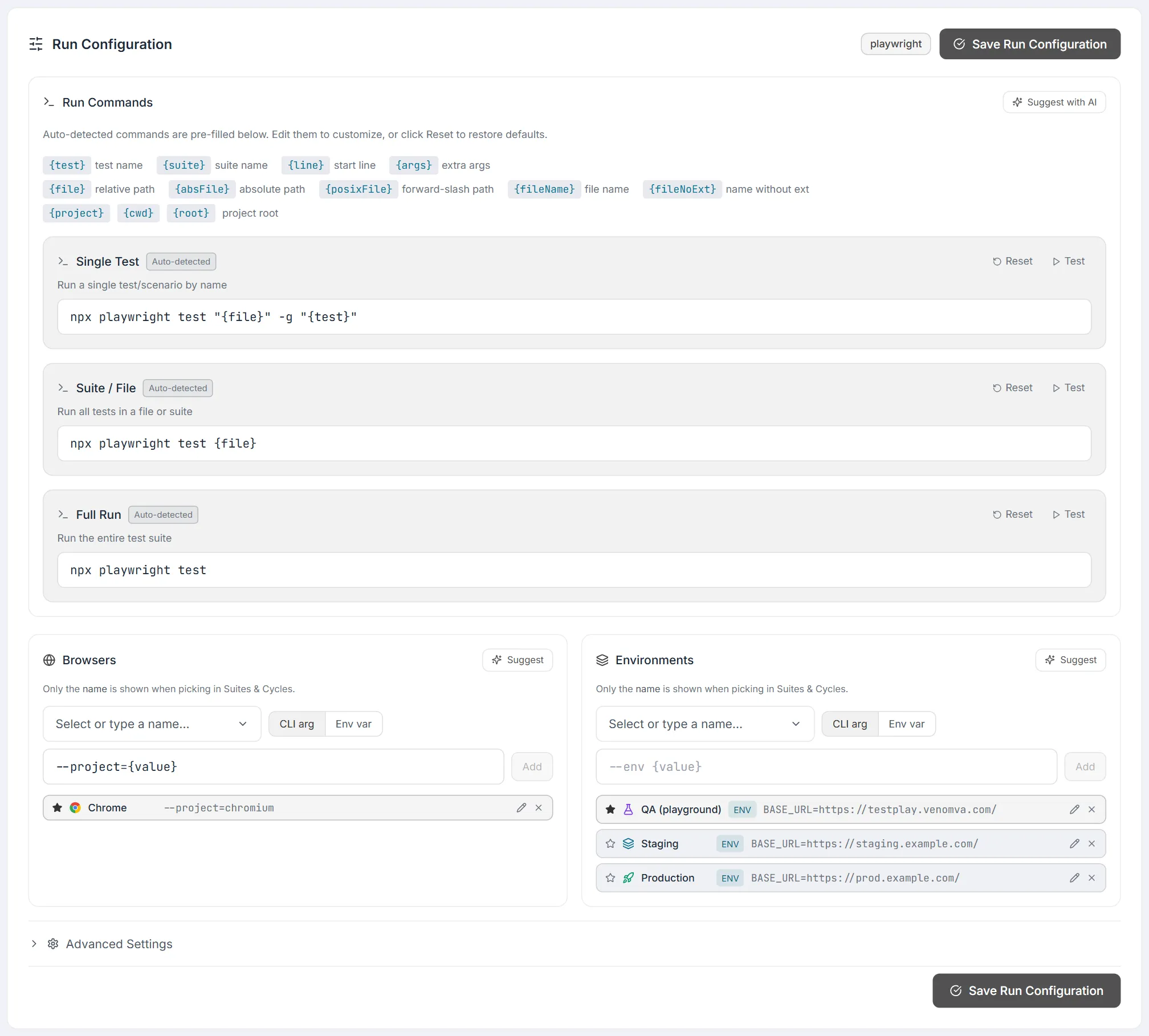 Run Configuration card — Run Commands, the Browsers and Environments lists, Advanced Settings and the Save Run Configuration buttons