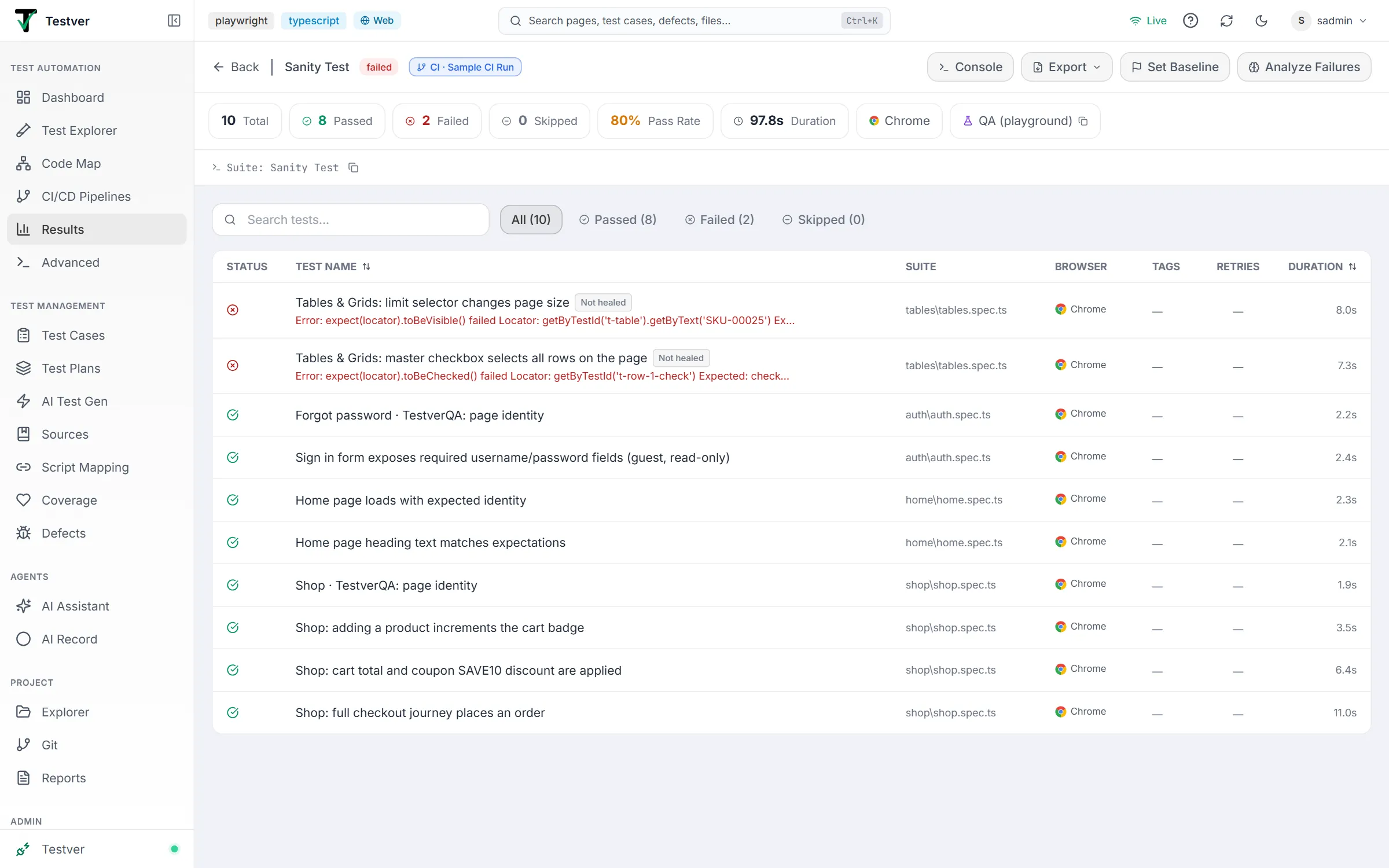 Run detail for a failed CI suite run — header actions, stats strip, command line, and the per-test table with two Not healed failures