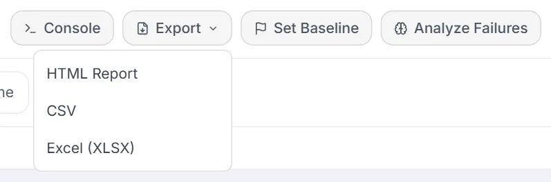 The run's Export menu open, listing HTML Report, CSV and Excel (XLSX)