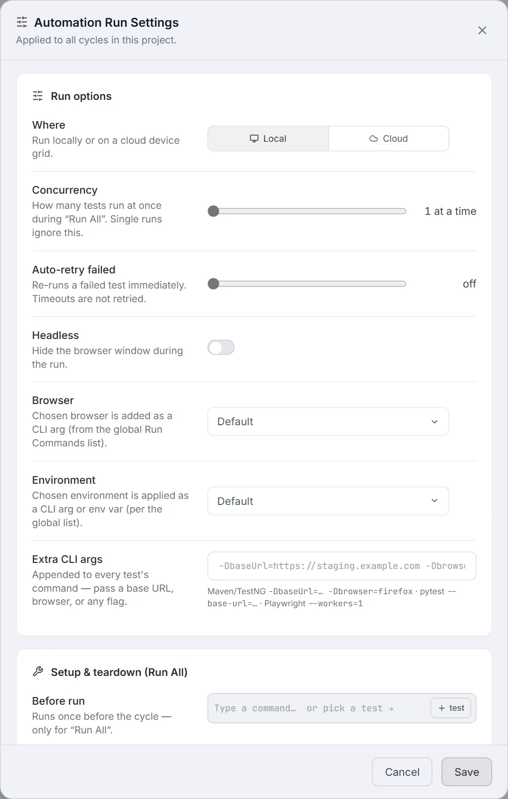 Automation Run Settings dialog — where (Local / Cloud), concurrency, auto-retry, headless, browser, environment and extra CLI args