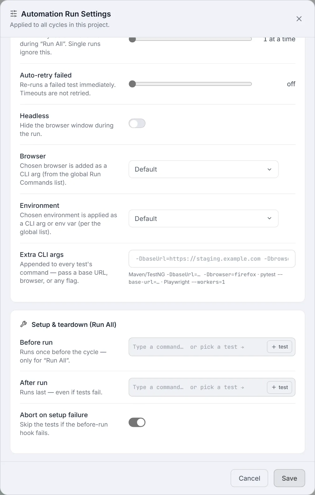Automation Run Settings scrolled to Setup & teardown — before run, after run and abort on setup failure