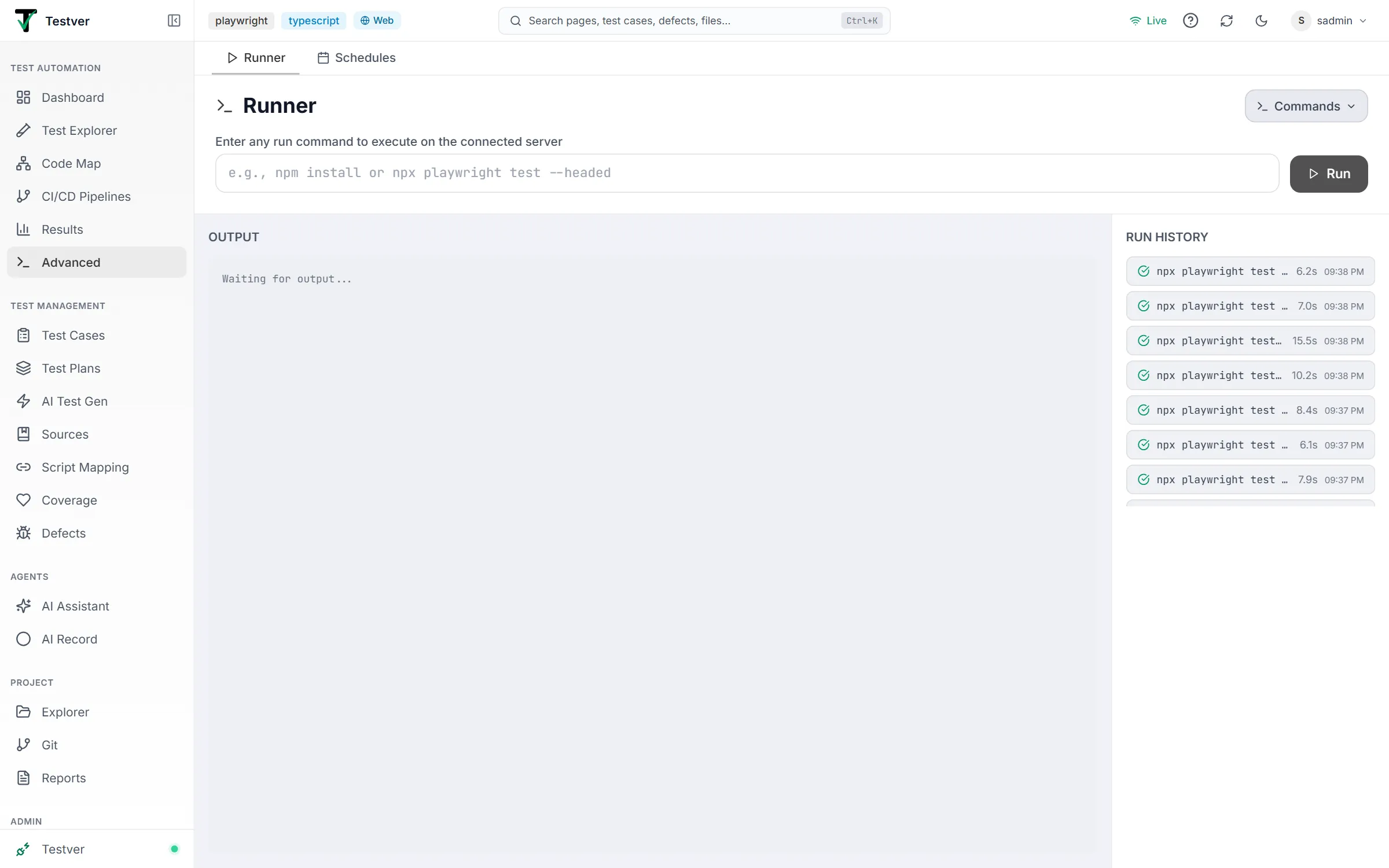 The Runner tab of the Advanced screen — command box, Commands menu button, Run button, the Output panel and Run History