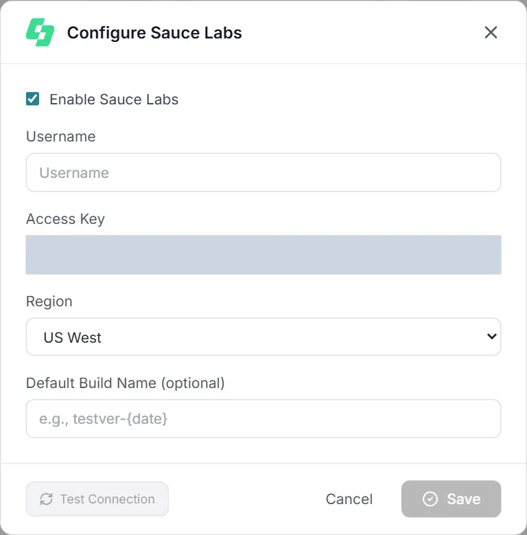 Configure Sauce Labs dialog with the extra Region drop-down set to US West