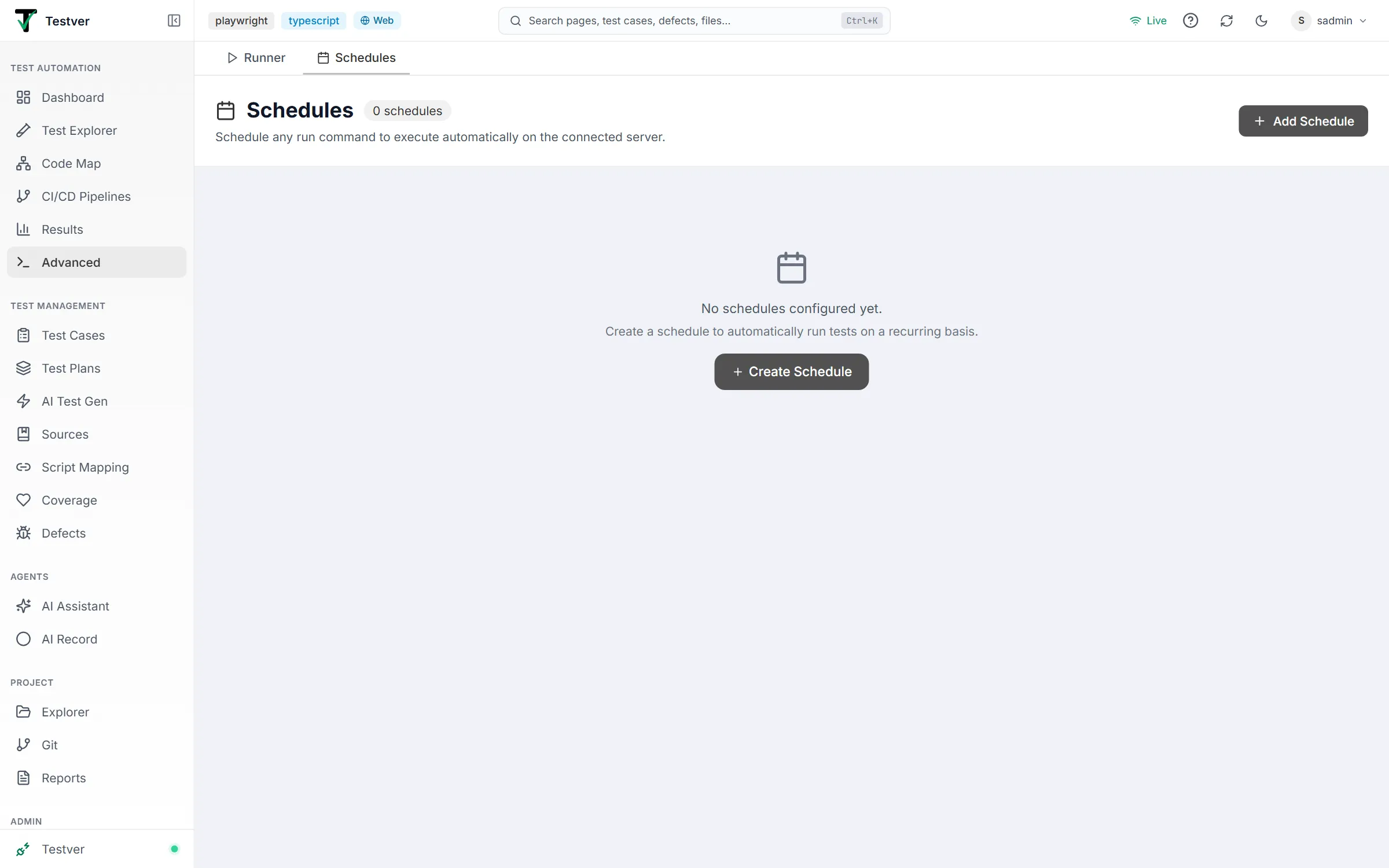 The Schedules tab of the Advanced screen with no schedules yet — schedule count, Add Schedule button and the Create Schedule empty state