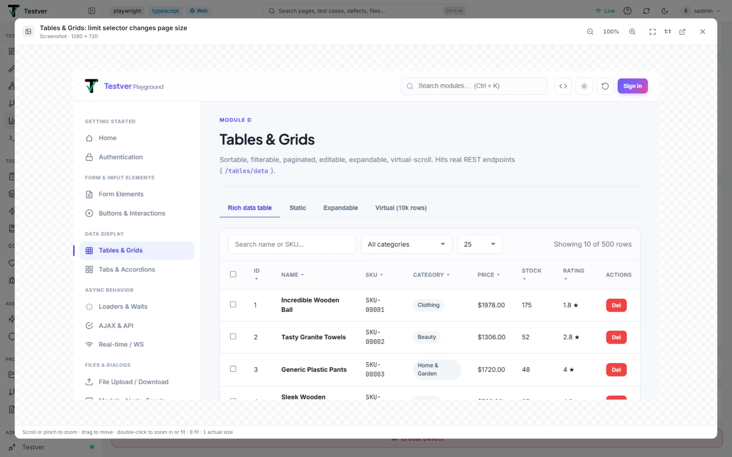 Screenshot Viewer open over the panel — test name and image size in the header, zoom out/in, percentage, fit, 1:1, open-in-new-tab and close buttons, and the keyboard hint along the bottom