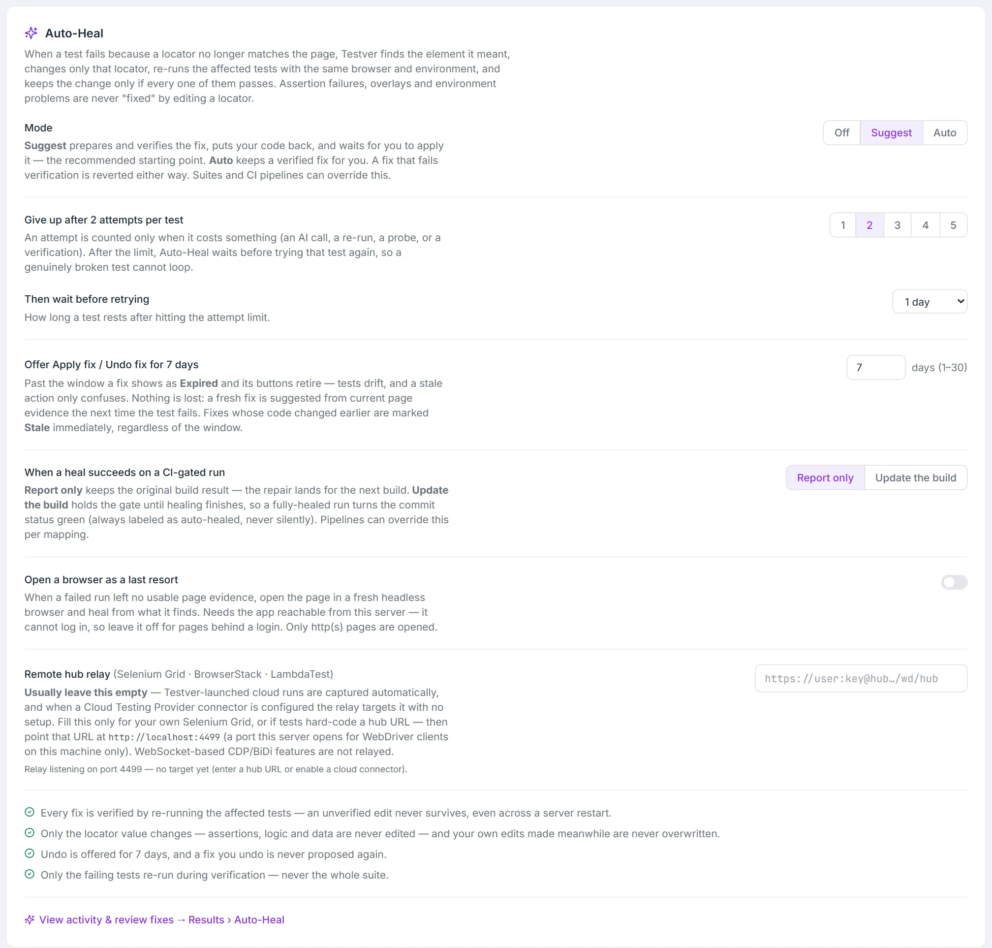Auto-Heal card — Mode Off / Suggest / Auto, attempts per test, wait before retrying, the Apply fix / Undo fix window, CI-gated run behaviour, the open-a-browser switch and the Remote hub relay field