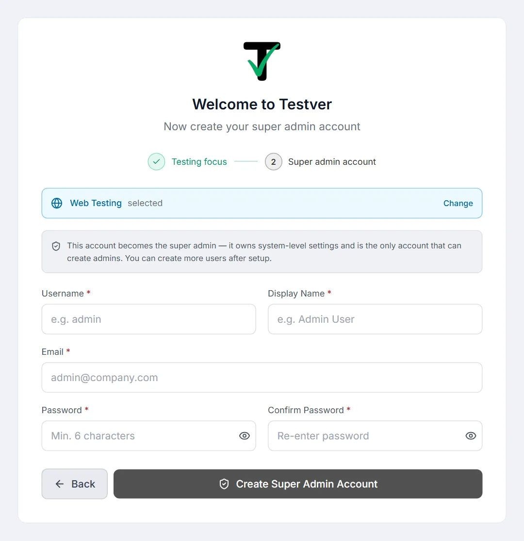 Setup step 2, Super admin account — the Web Testing selected chip with Change, then Username, Display Name, Email, Password and Confirm Password fields and the Create Super Admin Account button