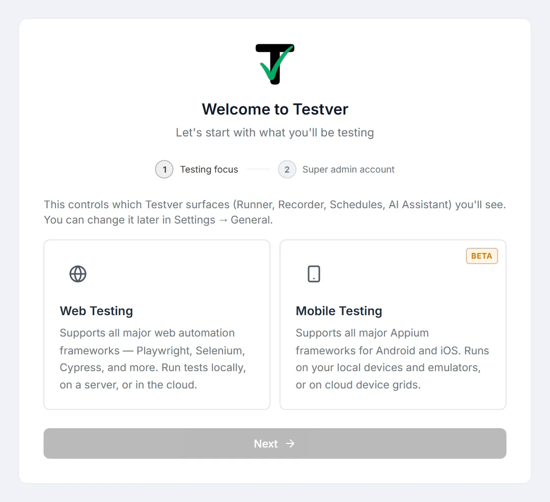 The one-time Setup screen, step 1 — Web Testing and Mobile Testing (Beta) tiles with a Next button