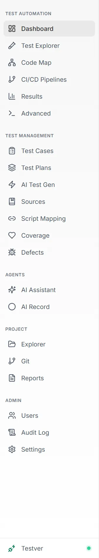 The full sidebar for an admin — Test Automation, Test Management, Agents, Project and Admin groups, with the Testver entry pinned at the bottom