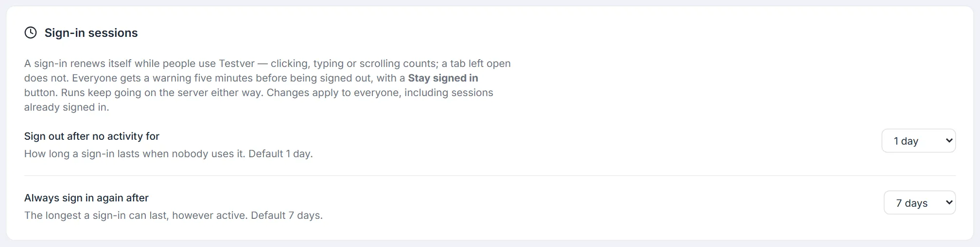 Sign-in sessions card with the Sign out after no activity for and Always sign in again after drop-downs