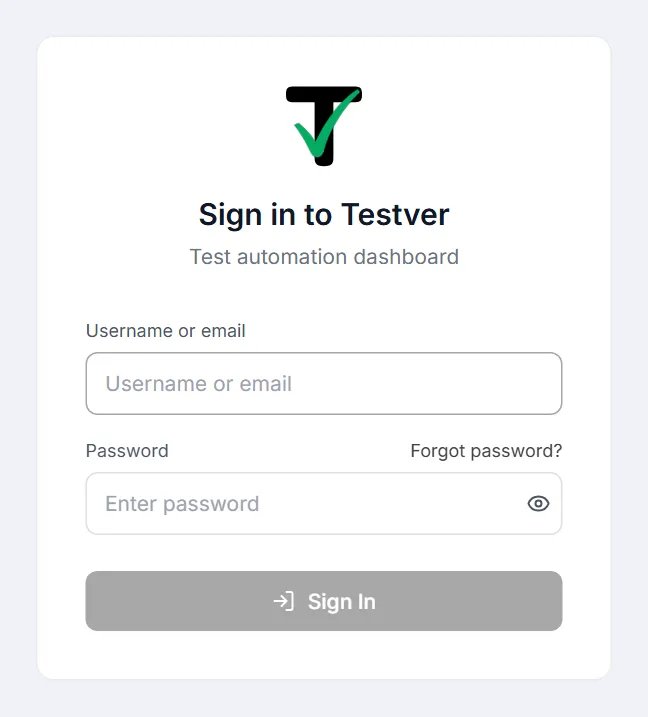 Sign in to Testver — Username or email and Password fields, the Forgot password? link and the Sign In button