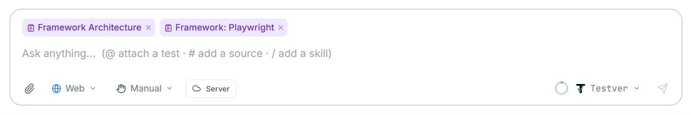 Framework Architecture and Framework: Playwright picked — both shown as chips above the message box in Web mode