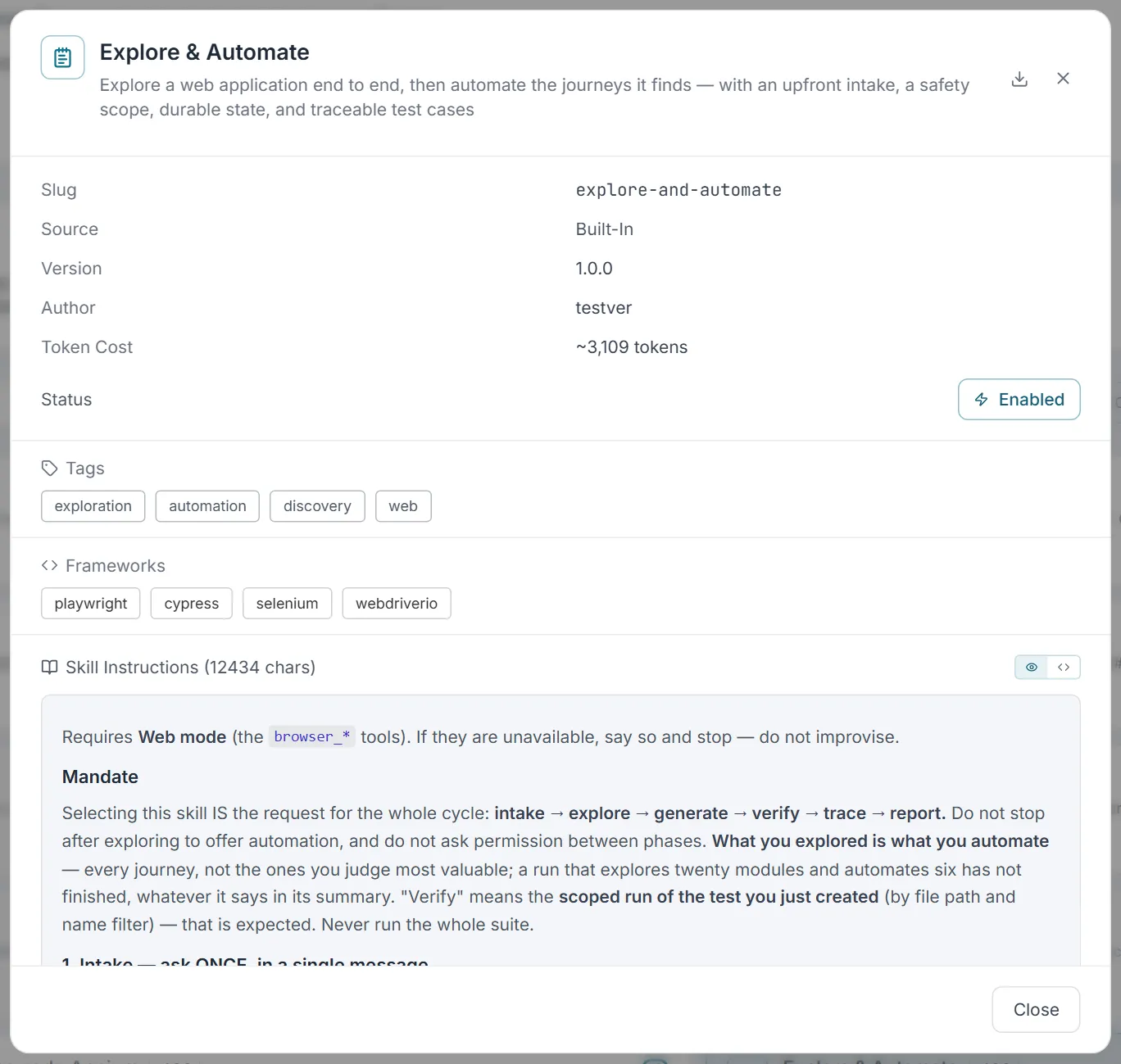 The Explore & Automate skill in Settings → Skills — built-in, enabled, tagged exploration / automation / discovery / web, for Playwright, Cypress, Selenium and WebdriverIO