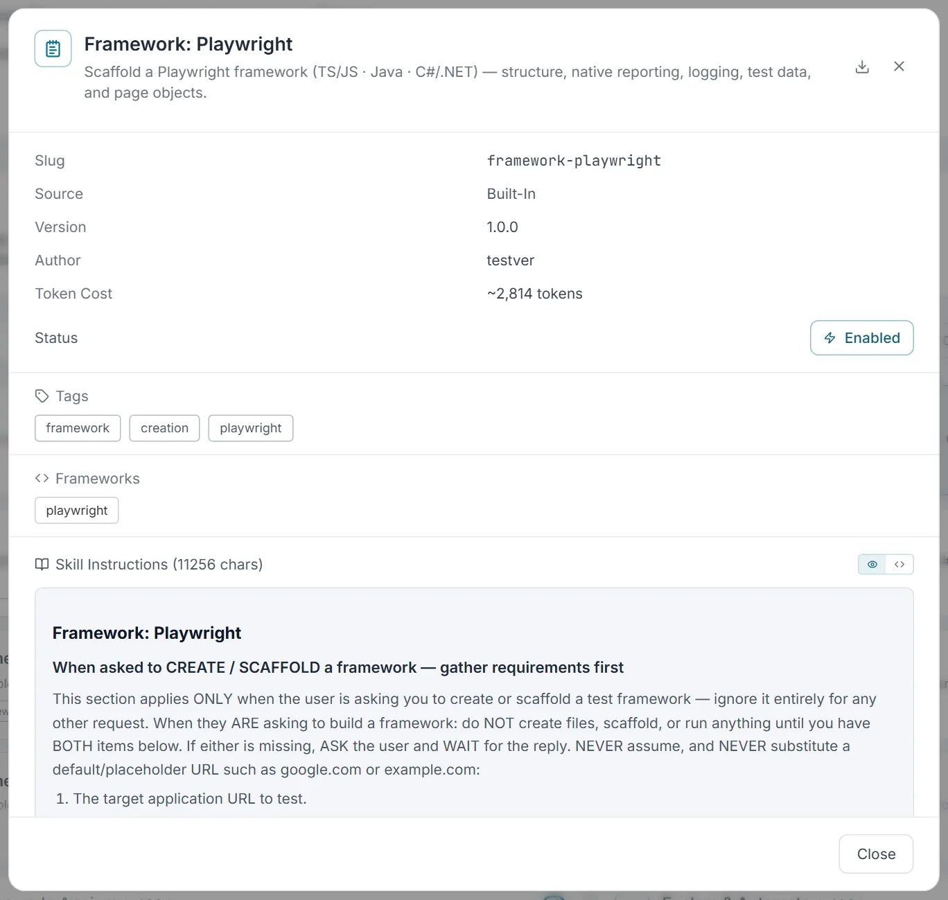 A skill’s detail view — slug, source, version, author, token cost, the Enabled status button, tags, frameworks and the rendered Skill Instructions