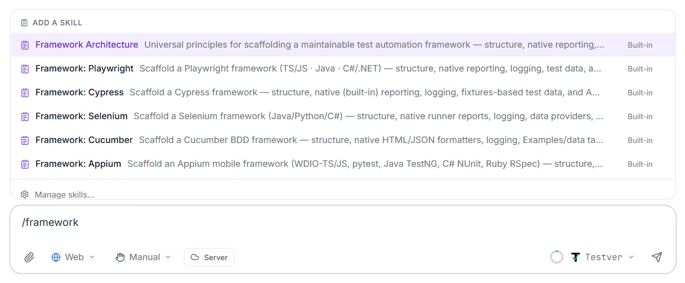 Typing /framework in the message box lists Framework Architecture and the framework skills