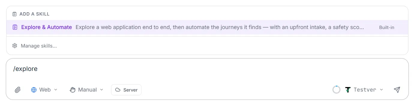 Typing /explore in the AI Assistant message box (Web mode) lists the Explore & Automate skill