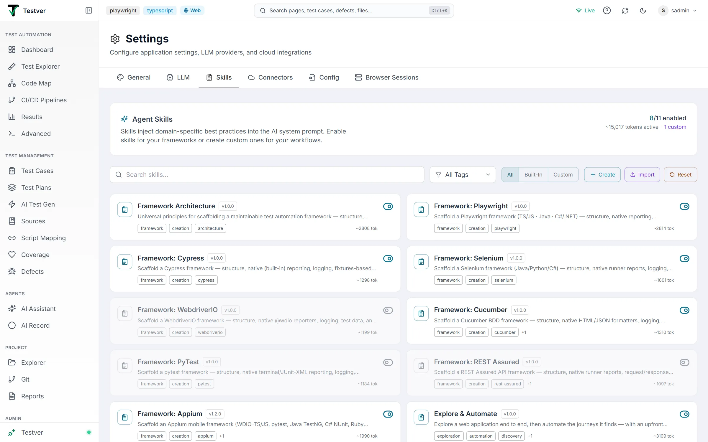 Settings → Skills — the Agent Skills header and the grid of skill cards, enabled ones bright and disabled ones dimmed