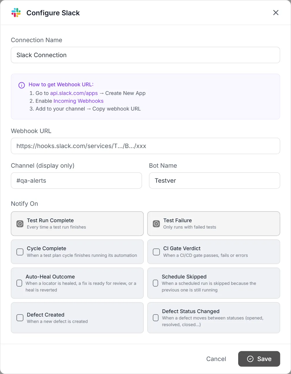Configure Slack dialog — Connection Name, the How to get Webhook URL panel, Webhook URL, Channel, Bot Name and the Notify On grid