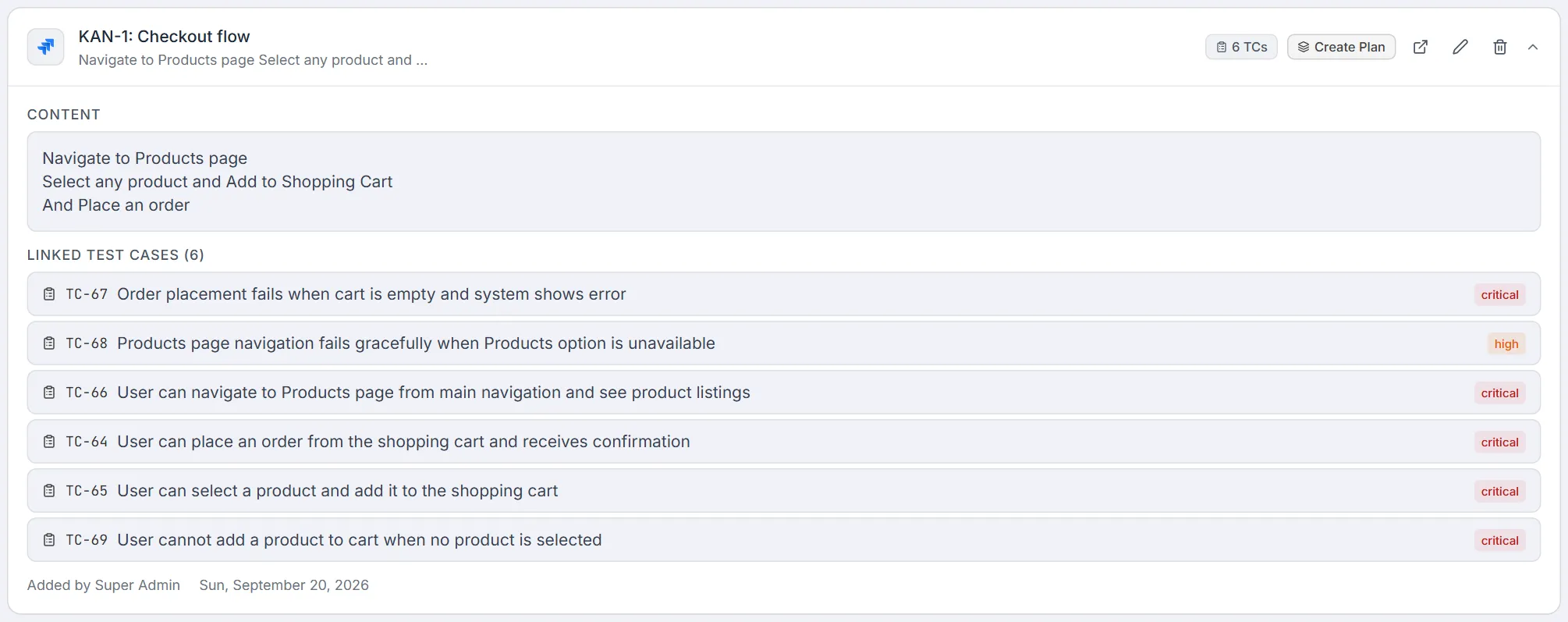 Expanded JIRA source — content and the six linked test cases with their priorities