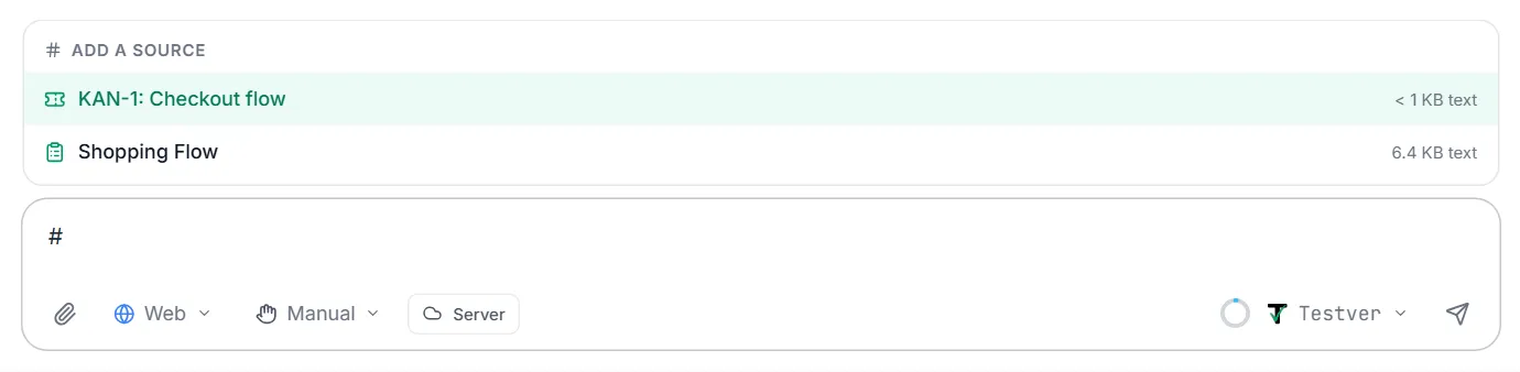 Typing # opens Add a source — matching sources with their size
