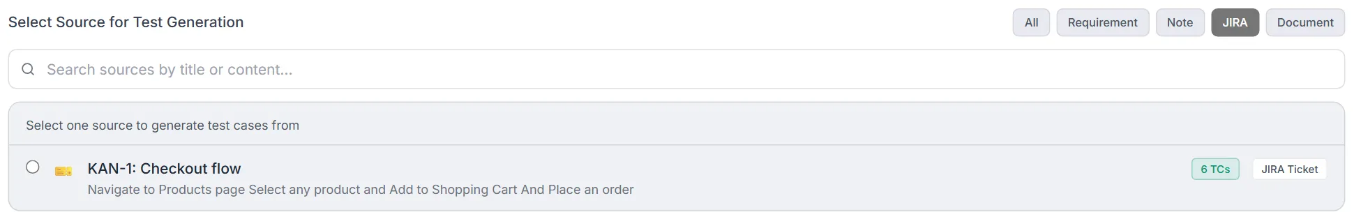 Source list filtered to the JIRA type chip