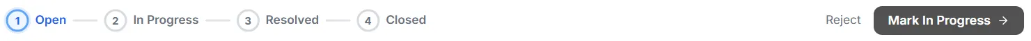 Status workflow bar — Open, In Progress, Resolved, Closed steps with Reject and Mark In Progress