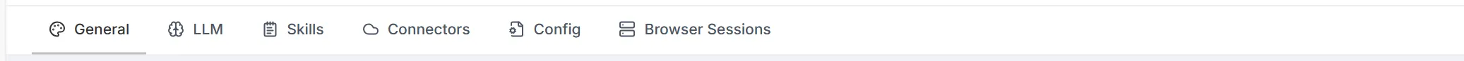 The Settings tab bar — General, LLM, Skills, Connectors, Config and Browser Sessions