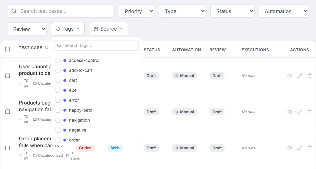 Tags filter opened — searchable multi-select list of tags