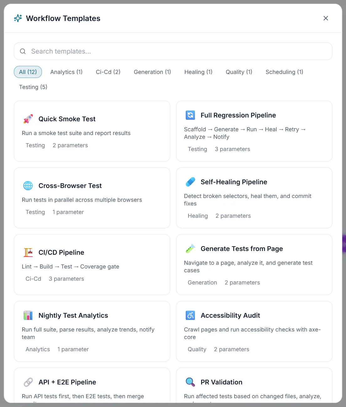 Workflow Templates picker — search box, category tabs with counts, and template cards such as Quick Smoke Test and Full Regression Pipeline