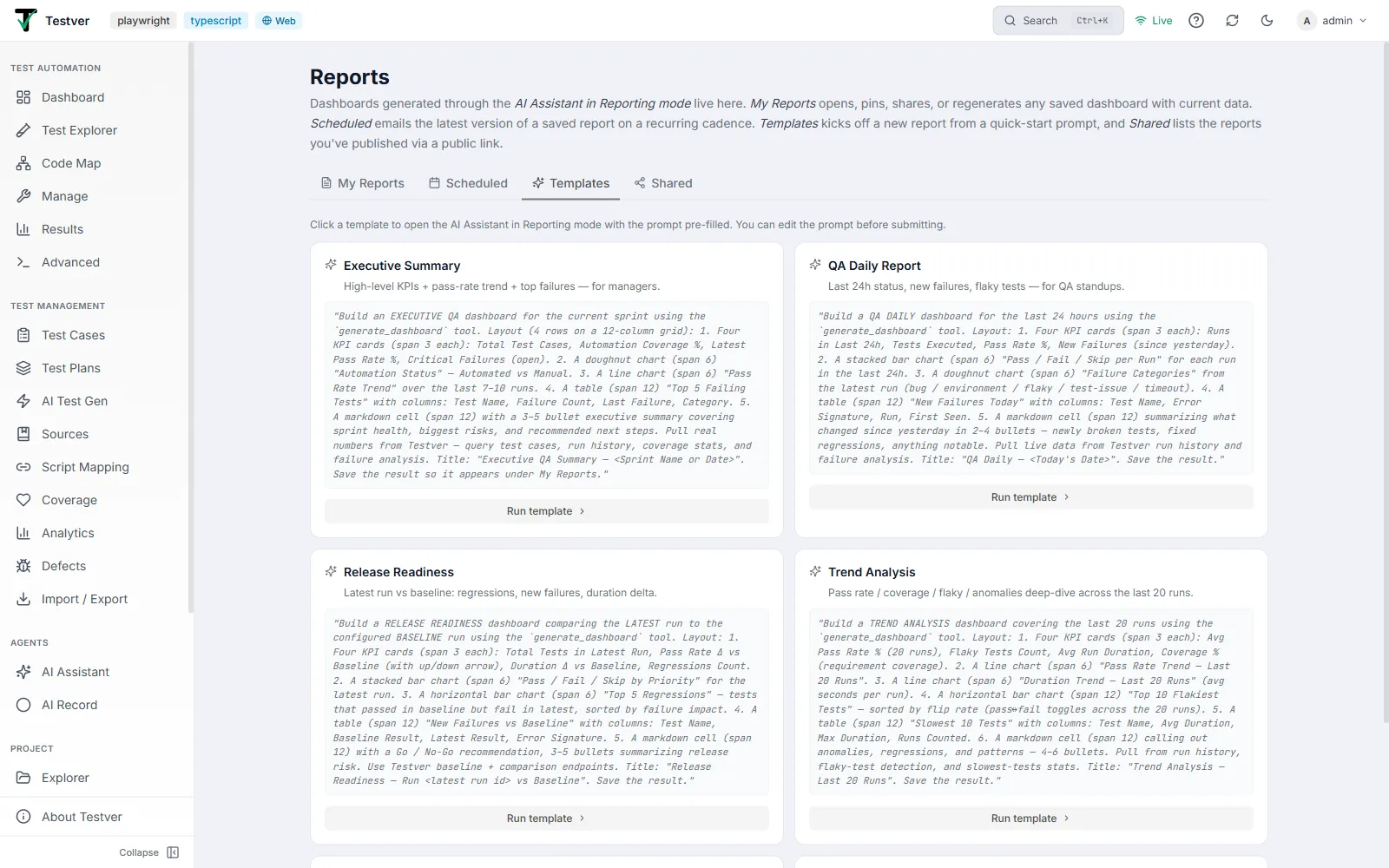 The Templates tab with its quick-start presets