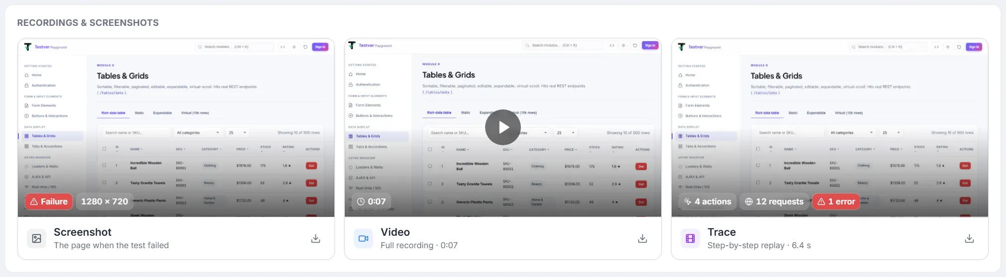 Recordings & Screenshots card with three previews — Screenshot (Failure, 1280 × 720), Video (0:07) and Trace (4 actions, 12 requests, 1 error), each with a download button