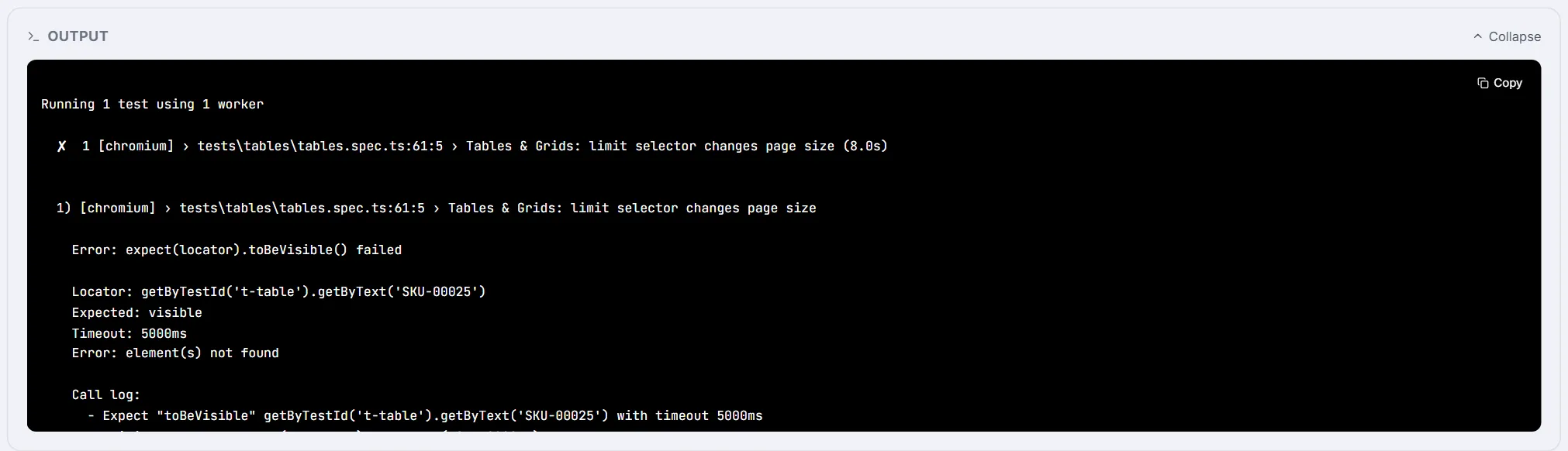 Output card expanded — the test's console output in a black ANSI-colored block with a Copy button and a Collapse toggle