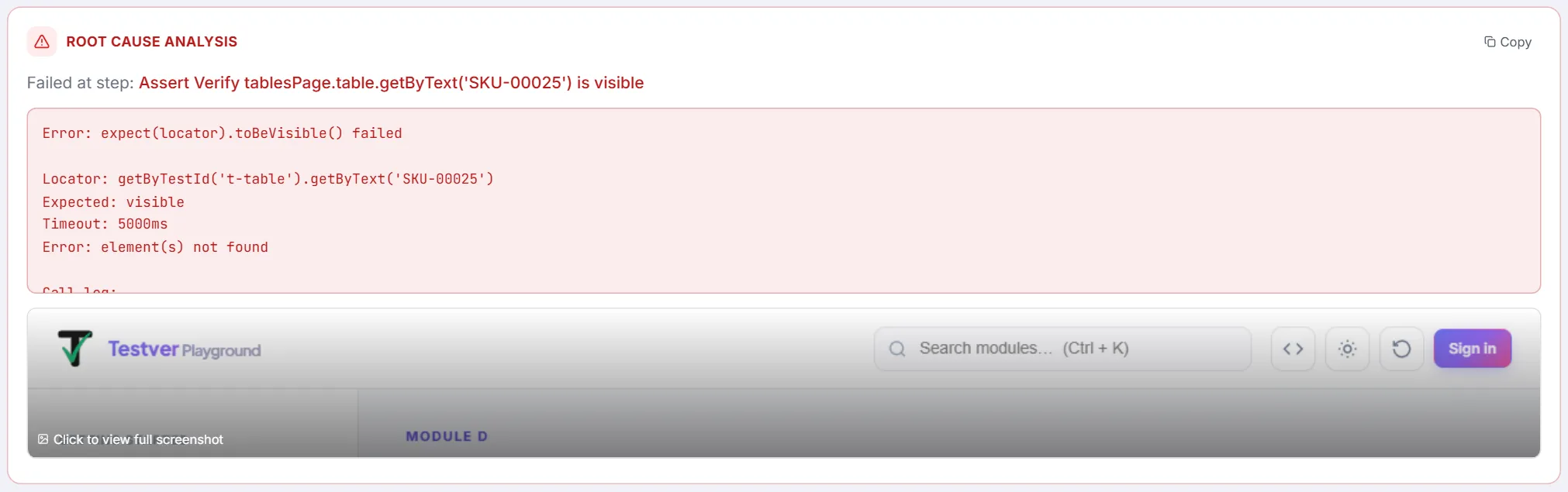 Root Cause Analysis card — the failing step, the primary error in a red code block, a Copy button and the inline failure screenshot preview