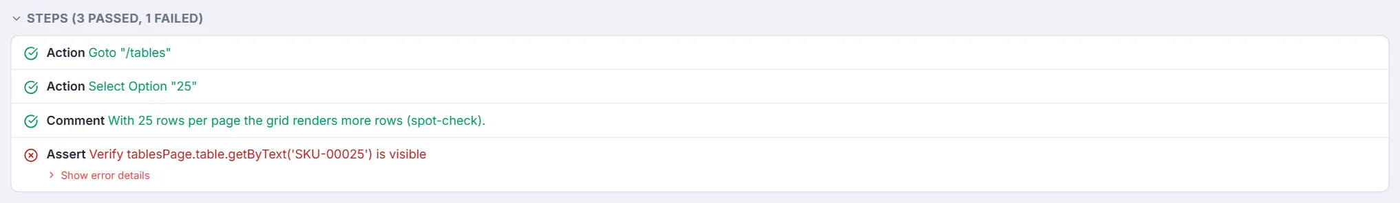 Steps list — three passed steps with green checks and a failed Assert step in red with Show error details